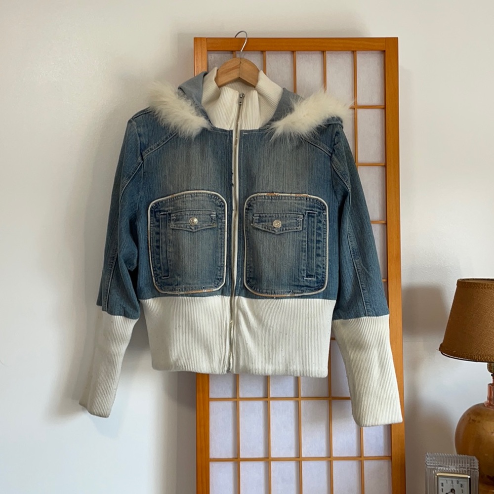 • snow fox faux fur hooded jean jacket •